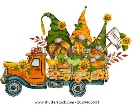Watercolor Thanksgiving Truck with Fall Gnomes with Pumkins and autumn flowers, Bright rustic pickup harvest festival illustration