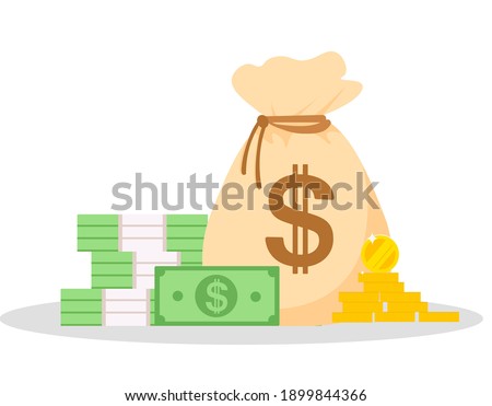 a bag of money and a stack of paper money on an isolated background in a cartoon flat style.a stack of dollar bills and round coins.cash on hand