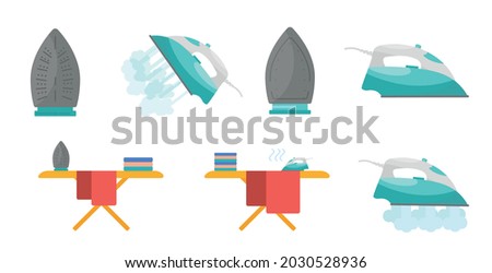 a set of steam-releasing irons.flat iron in cartoon style on an isolated background.ironing board and iron illustration.