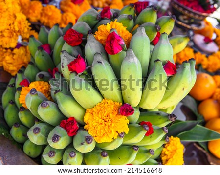 Banana and marigold flower in Religious celebrations, Shallow depth of field.
