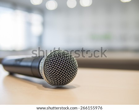 Close-up of Microphone in meeting room with bokeh light, Shallow in depth of field