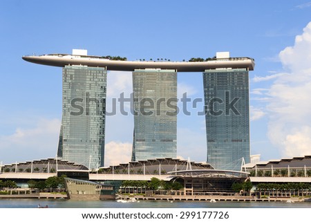 Singapore, Singapore - May 18, 2015: The hotel Marina Bay Sands at the Marina Bay in Singapore with a blue sky. Its a luxury resort famous for its casino and infinity swimming pool.