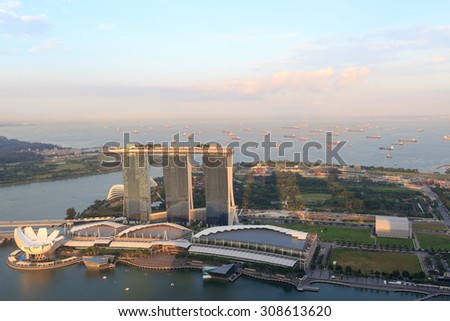 Singapore, Singapore - May 18,2015: Marina Bay Sands hotel in Singapore. The hotel is a luxury resort famous for its infinity swimming pool. The hotel is a landmark in Singapore.