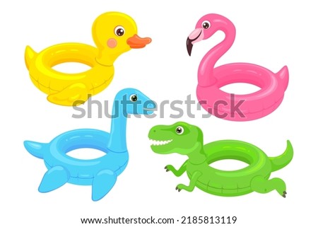 Set of inflatable floats isolated on white. Vector cartoon flat summer icons. Swimming pool toy.	Cute illustration of plesiosaur, t-rex, flamingo and duck.