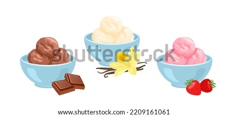 Ice cream scoops in bowl. Vector cartoon illustration of strawberry, vanilla and chocolate ice cream.