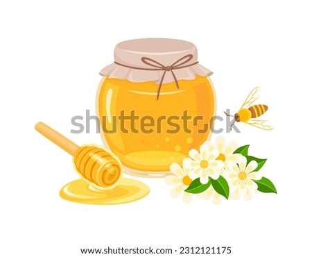 Honey in glass jar, flowers, bee and wooden honey dipper isolated on white background. Vector cartoon flat illustration.
