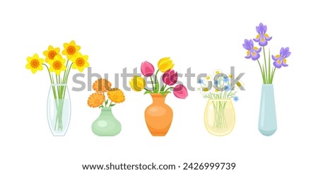 Bouquets of flowers in different vases. Set of vector cartoon flat illustrations.