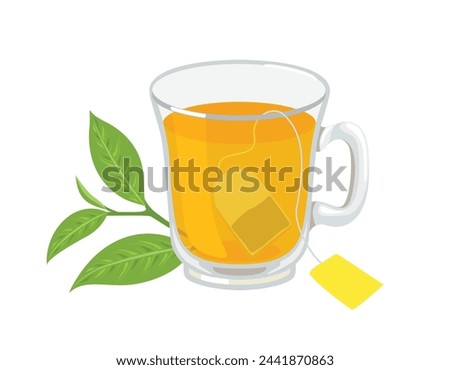 Tea glass cup, tea bag and green tea leaf isolated on white background.  Vector cartoon flat illustration of hot drink.