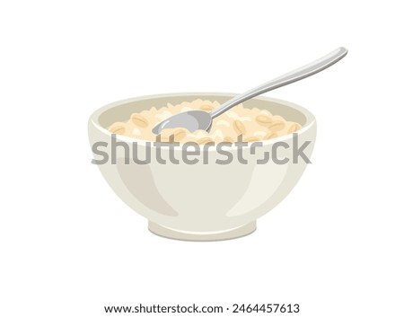 Oatmeal porridge in white bowl with spoon. Vector cartoon flat illustration of healthy food.