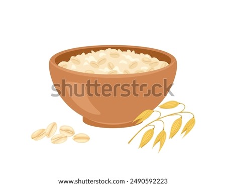 Oatmeal porridge in brown bowl, ear and oat flake. Vector cartoon flat illustration of healthy food.