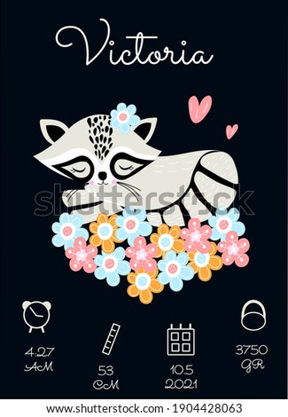 Personalize newborn baby metric poster with raccoon. Date, cm, gr, time. Foto stock © 