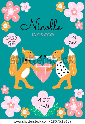 Personalize newborn baby metric poster with cute foxes and heart. Date, cm, gr, time Foto stock © 