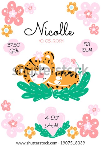 Personalize newborn baby metric poster with cute tiger and flowers on a white background. Date, cm, gr, time Foto stock © 