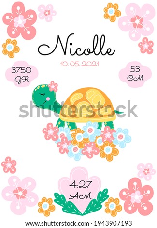 Personalize newborn baby metric poster with cute turtle and flowers on a white background. Date, cm, gr, time Foto stock © 