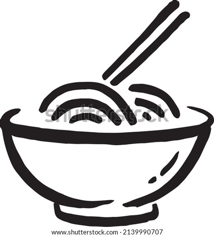 Noodles icon with chopsticks drawn by brush over white background. Vector illustration in cartoon design. Use for logos, icons, posters, graphics.