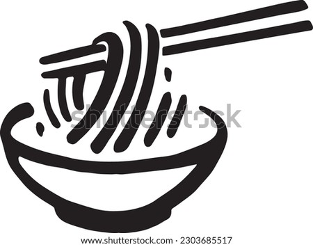 Noodles icon with chopsticks drawn by brush over white background. Vector illustration in cartoon design. Use for logos, icons, posters, graphics.