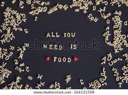Words All You Need Is Food Written With Pasta Letters