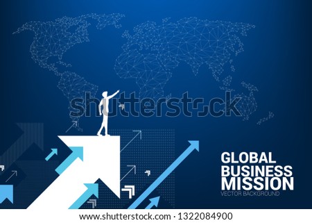 Silhouette of businessman point forward on moving up arrow with world map background. concept of growth business and leadership.