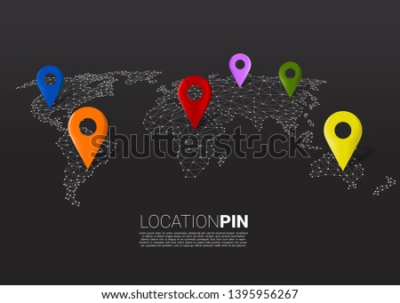 3D location pin marker on dot connected line low polygon world map. Concept for GPS navigation system infographic .