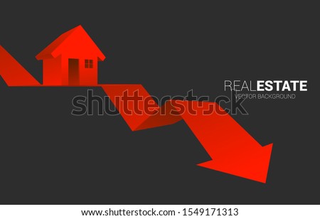 Red 3D home icon on falling down arrow. Concept of decline in real estate business and properties price