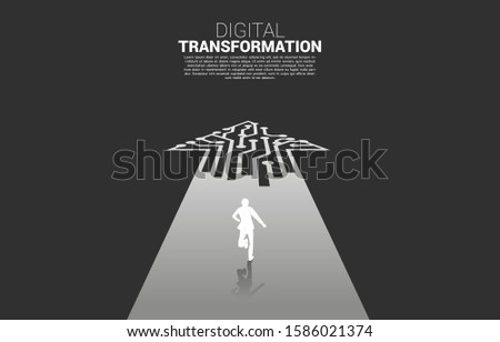 Silhouette of businessman running on the way with dot connect line circuit. concept of digital transformation of business.