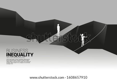 Businessman walking across valley with rope and road. Concept of career obstacles and inequality