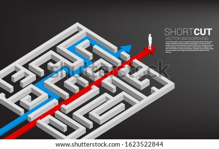 Businessman standing on red arrow route break out of maze. Business concept for problem solving and shortcut  solution strategy.
