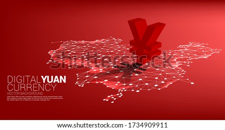 Vector money yuan currency icon 3D with shadow on china map dot line polygon. Concept for China financial and banking.