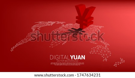 Vector money yuan currency icon 3D with shadow on world map dot line polygon. Concept for China financial and banking.