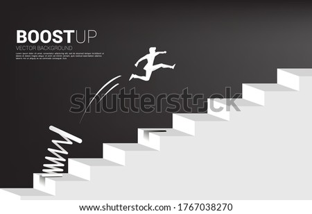 silhouette of businessman jumping to pass step with springboard,. Business Concept of targeting and customer.route to success.