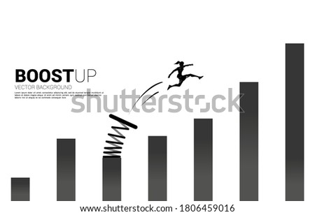 Silhouette of businesswoman jump to higher column of graph with springboard. Concept of boost and growth in business.