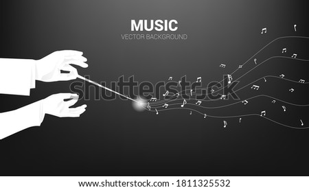 Vector silhouette of conductor hand hold baton stick with flying music note . Concept background for orchestra concert and recreation.