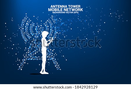 Silhouette of man use mobile phone Antenna Tower icon polygon style from dot and line connection. Concept of telecommunication mobile and data technology
