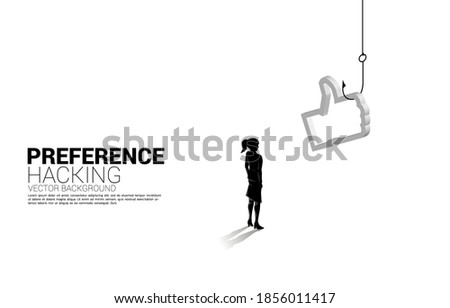 Silhouette of businesswoman standing with fishing hook with 3D thumb up icon. Concept of click bait and digital phishing.