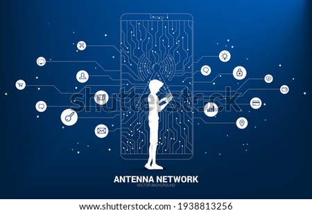 Silhouette man with antenna tower icon on mobile phone from dot connect line circuit board style mobile data icon. Concept for data transfer of mobile and wi-fi data network.
