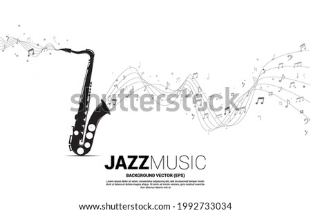 Vector saxophone and child from dancing flow shape music note . Concept background music for kid and children.
