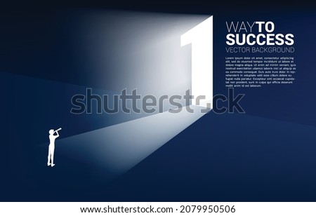 Silhouette of businessman and telescope looking to exit door number one. Concept of career start up and champion business solution.