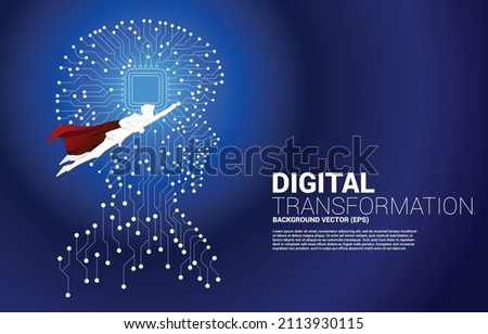silhouette of superhero flying with man head from dot connect line circuit board style with processor . Concept background human future and technology