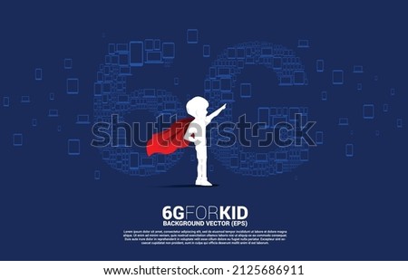 Silhouette of kid in superhero suit with 6G mobile networking from multiple device. Concept for child and mobile sim card technology and network.