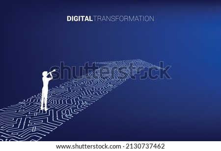 Silhouette of businessman looking through telescope with the way with dot connect line circuit. concept of digital transformation of business