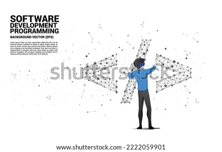 Silhouette man wear VR glasses software development programming tag with polygon dot connect line. Concept of digital virtual reality technology and AR .