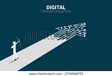 Businessman in suit shoot the arrow to target on the way with dot connect line circuit. concept of digital transformation of business.