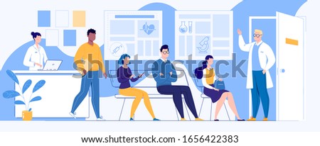 People patients are sitting in the waiting room, waiting for a meeting with the doctor. Receptionist nurse at the counter. Doctor in uniform. Modern clinic. Interior. Vector illustration in cartoon.