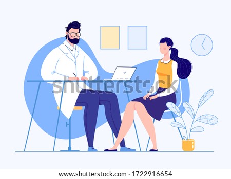Patient in the doctor’s office. Doctor consultation. Visit. Modern clinic. Diagnosis. Vector flat cartoon illustration. Doctor appointment.