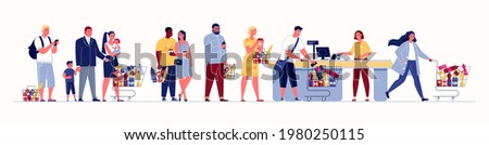 Customers line up at the supermarket checkout. Couples, families, students, businessmen, all kinds of people shop. Colored vector illustration in flat cartoon style.