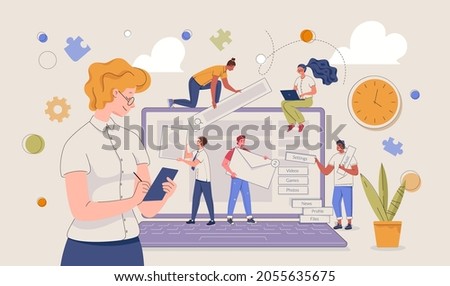 Software development team concept. Interface design, layout and programming, testing and support of sites and applications. Vector flat cartoon illustration with people characters.