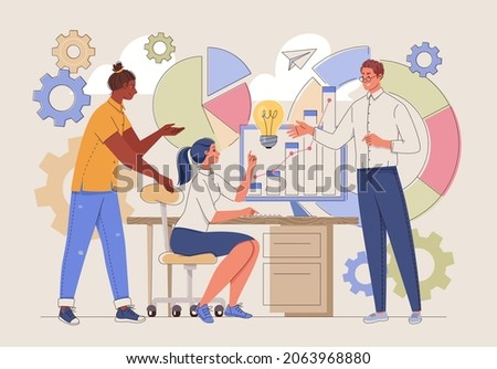 Presentation on computer in  office to colleagues, partners or clients. Building up analyzing project financial report and successful business development. vector flat illustration. people characters.