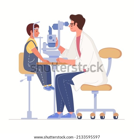 Ophthalmologist checks eyesight of small patient with slit lamp. Conceptual illustration of optometry, ophthalmic diagnostics, vision correction. Vector characters flat cartoon.
