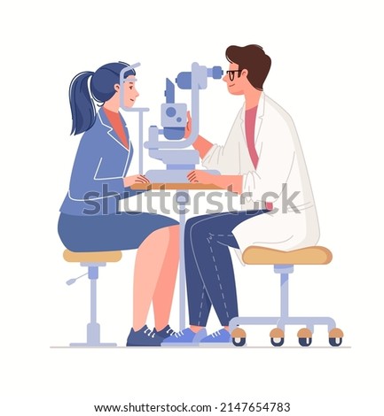 Ophthalmic equipment, slit lamp. Diagnosis of vision and eye diseases. Appointment and consultation with ophthalmologist. Vector characters flat cartoon illustration.
