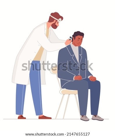 Person at doctor's appointment in ENT clinic. Audiologist checks man's ears with help of medical instruments. Otolaryngologist will otoscope patient. Vector illustration flat cartoon isolated.

